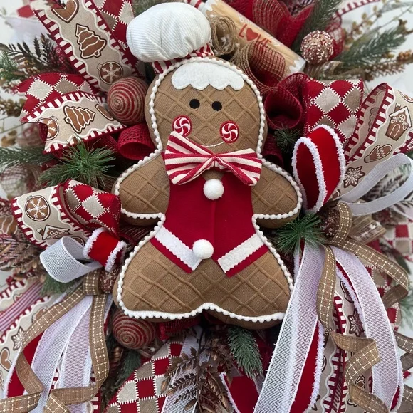 Adorable Red and White Gingerbread Holiday Wreath. Aprox 26” wide